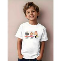 European sizes Sushi Boy T-Shirt - Vibrant Red Casual Summer Tee with Fun Sushi Print, Medium Stretch Crewneck for Casual Attire 98cm balta
