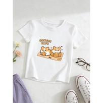European sizes Girls' Corgi Cookie Pattern Short Sleeve T-Shirt, Kids' Summer Casual Top, Comfortable And Versatile, Suitable for Daily Wear 110 balta