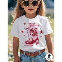 European sizes American Casual Cowboy Boots Cowboy Hat Star Pattern Print Girl Short-Sleeved T-Shirt, Girls' Clothing 110 balta