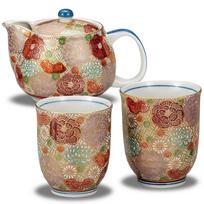 Waza no Kura Stylish Pair Teacups and Teapot Kutani Floral Japanese Made in Perfect Gift for or 88th Birthday Celebrations Set, Ware, Design, High-End