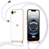 Protective case for iPhone 16e - BOOLING - Shockproof Silicone - Adjustable shoulder strap - White balta