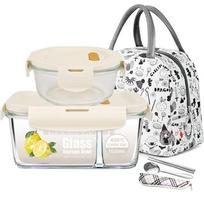 Heat-Resistant Glass Food Storage Container, Microwave-Safe Lunch Box, Milk White 3-Compartment 1020 + Soup Bowl + Bag + Tableware Set