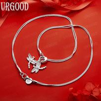 925 Sterling Silver Exquisite Double Dragonfly Snake Bone Necklace - Banquet Gift Jewelry 45cm