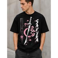 Men's Black Short Sleeve T-Shirt with Japanese Katana & Sakura Graphic, Crew Neck, Soft Cotton Feel, Streetwear Style for Casual Daily Wear S juoda