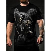 Men's black short-sleeve t-shirt with graphic grim reaper and scythe print, crew neck, soft cotton blend, relaxed fit for casual daily wear S juoda
