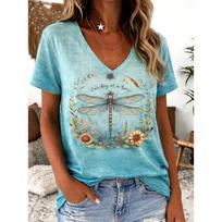 Women Summer T Shirt  Dragonfly Pattern Print Short Sleeve Tees Casual Printed Tops XS mėlyna