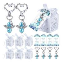 144 Pieces Angel Pendant Keychains Keys Rings Baptism Favor Boxes Kraft Paper mėlyna