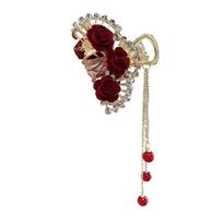 Trendy Red Floral Hairpin With Smooth Metal Construction And Stylish Tassels Embellishment For Various Styling