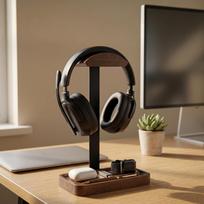 Walnut Headphone Stand with Storage Base, Ready-to-Use Wood Headset Holder for Desk, Heavy Duty Gaming Headset Mount Compatible with AirPod Max, Bose 1PCS
