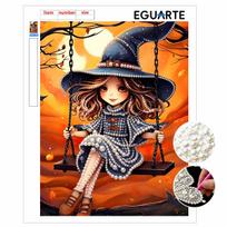 Pearl Painting DIY Kit Frameless Cute Witch Sitting On Swing Autumn Moon Pattern Shiny Bead Art Canvas Creative Wall Decor Gift Idea 30x40cm