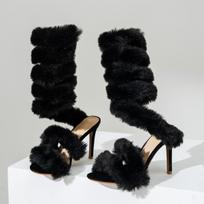 Fashion Fashion Faux Fur Serpentine winding Women Sandals Sexy Ankle Strap High heels Gladiator Sandals Female Banquet Party Pumps Shoes 35 juoda