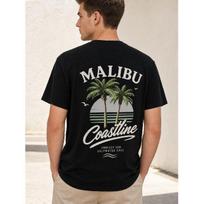 Men's Black Short Sleeve T-Shirt with Retro Malibu Coastline Graphic, Relaxed Fit Crew Neck Cotton Tee for Beach Casual Summer Wear S juoda