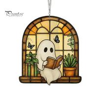 Window Suncatcher Decoration Halloween Ghost Reading Sun Catcher, Stained Glass Style Hanging Double-sided Translucent Ornament, Cute for Home Garden S 1pc