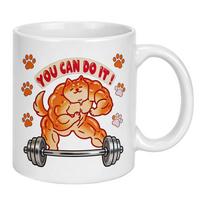 11oz Funny Muscular Shiba Inu Ceramic Mug,  You Can Do It!  Motivational Coffee Cup, Multi-Color Inner Handle, Microwave Safe