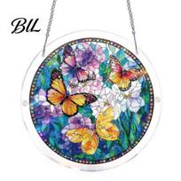 Collectible Jigsaw Puzzle Acrylic Suncatcher Colorful Cats Butterflies Flowers Window Hanging Round Panel Ornament Stained Glass Style DIY Sun Catcher E