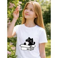 Girls Black Cat Eating Marshmallow Print Crewneck Short Sleeve Casual Summer Tee 110 balta