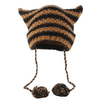 Megzta Dryžuota 3D Katės Ausų Kepurė Elastinga Vėjui Atspari Kepurė su Pompom Dekoracija Ausų Šildytuvas Kepurė Žieminė Kepurė Dviračiui Slidinėjimui 8
