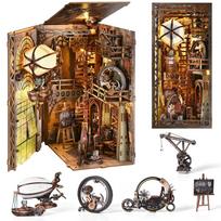 CRESYMME Book Nook Dollhouse Reeds Miniature House Log House Kit Wooden 3D Puzzle DIY with LED Lights Adult-Friendly (Airship House)