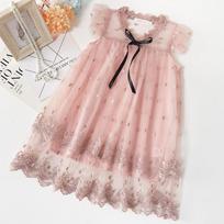 Summer Girls Princess Dress Cute Embroidered Tulle Tutu Skirt Sweet Children Party Gown For Kids Birthday Wedding 100cm rožinė
