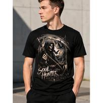 men's black short sleeve t-shirt with grim reaper graphic, crew neck, soft cotton feel, edgy soul hunter design for casual streetwear or concert S juoda