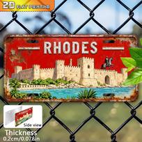 D Flat  Vintage Rhode Island Castle Scene Sign Rustic Wall Decor Featuring Medieval Castles And Knights on Horseback 15x30cm(5.9x7.8inch) red