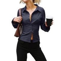 Women Shirt Lapel Long Sleeve Striped Print Shirt Buttons Placket Slim S tamsiai mėlyna spalva