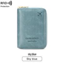 2024 RFID Anti-Magnetinis paso dėklas: Užtrauktuku užsegama trumpa kelioninė piniginė ir daugiafunkcionalus dokumentų krepšys dangaus mėlyna spalva