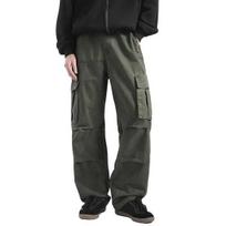 Men Retro Casual Baggy Trousers Loose Fit Cargo Pants Multi Pocket Wide Leg Trousers Travel School M žalia