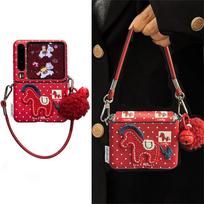 for Samsung Z Flip7 zflip6 5 Cute pony case OPPO find n3 n2Flip/Xiaomi Mix flip Red embroidered horse Leather Cover New Year For Samsung Galaxy Z Flip7