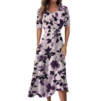 Ladies Casual Fashion Gradient Print V-Neck Short Sleeve Waist Long Swing Dress XXL