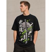 Men's Oversized Black Graphic Tee with Japanese Katana & Bushido Design, Short Sleeve Crew Neck Cotton T-Shirt for Streetwear Casual Daily Wear S juoda