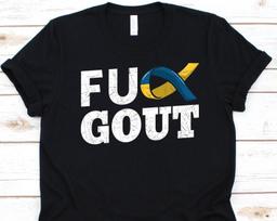 Fuck Gout Shirt, Gift For Podagra Survivor, Painful Form Of Arthritis, Inflammatory Arthritis, Swollen Joint, Yellow-Blue Ribbon Graphic S