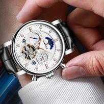 KINYUED Daugiafunkcinis mechaninis laikrodis Tourbillon Visiškai automatinis vyriškas laikrodis Mėnulio fazės Mechaninis Vyriškas leidimas balta/sidabras