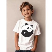 Boys Panda Yin Yang Print Black Crewneck Casual Sports T-Shirt 110 balta