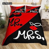 Mr & Mrs Black Red Creative Duvet Cover Love Man Mustache Woman Lip Romance Comforter Cover Funny White Love Couple Valentine EU single(135x200cm)