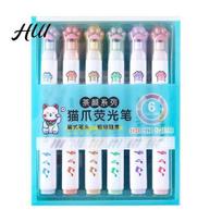 Highlighter Set 6Pcs/Set Cat Paw Color Chisel Top Portable No Bleed Quick Kids Highlighters Drying Students Fluorescent Marker Pen School Office