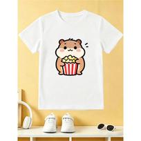 European sizes Boys Cute Hamster Eating Popcorn Graphic T-Shirt, Crew Neck Short Sleeve Tee, Casual Breathable Kids Shirt 110 balta
