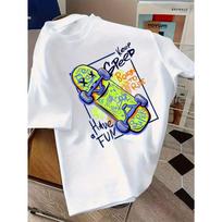 Kids Crewneck Tee, Raw Style Skateboard Graphic Trendy Streetwear Casual Sport Short Sleeve Top 110 balta