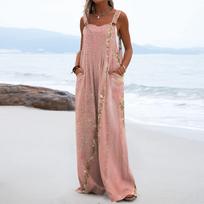 Women's Overalls Casual Loose Sleeveless Adjustable Straps Bib Wide Leg Jumpsuit With Pockets S rožinė