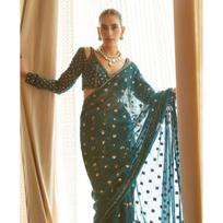 Premium Faux Georgette Sequence Embroidery Saree buteliukas žalios spalvos