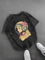 Vintage Washed Retro Female Astronaut Graphic TShirt for Men Women Casual Short Sleeve Crew Neck Oversized Space Tee S