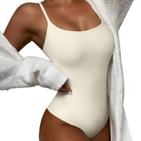 Sling Waist Tight U-neck Ribbed Elastic Women Bodysuit Sexy Sleeveless Solid Skinny Romper L smėlis