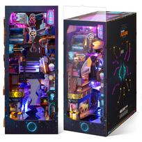 FUNPOLA Booknook Wooden Puzzle DIY Miniature Dollhouse with LED Display Craft Suitable for Beginners and Middle School 319 PC Kit Lights, Bookshelf,