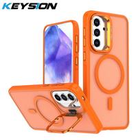 KEYSION Lens Stand Magnetic Phone Case for MagSafe for Samsung Galaxy A56 5G A36 A26 A16 4G Matte Translucent Shockproof Cover for Samsung A56 5G oranžinė