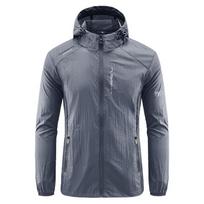 Summer Outdoor Quick Dry Sun Protective Thin Jacket Men Hiking Fishing Cycling Hooded Gym Sport Windbreaker Light Coats M tamsiai pilka spalva