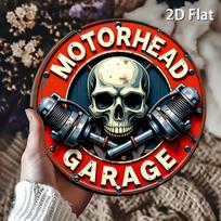 D Flat Motorhead Garage Skull  Pistons Retro Round Metal Tin Sign  Rock  Roll Themed Wall Decor Distressed Skull  Engine 20x20cm(8x8inch)