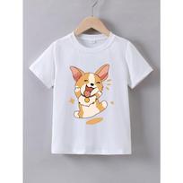 Kids Crewneck Short Sleeve Tee, Cute Corgi Puppy Letter Print Round Neck Summer Casual Top 110 balta