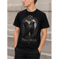Men's Black Short Sleeve T-Shirt with Norse Raven Graphic, Crew Neck, Soft Cotton Feel, Odin Mythology Design for Casual Daily Wear S juoda