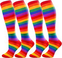 Knee High Opaque Socks,Athletic Stretchy Sock,Teens,Women,Girl,Halloween,Black Rainbow S001