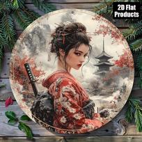D Flat Japanese Geisha Samurai with Katana Round Metal Tin Sign Cherry Blossom  Pagoda Landscape Wall Decor Traditional Orie 20x20cm(8x8inch)